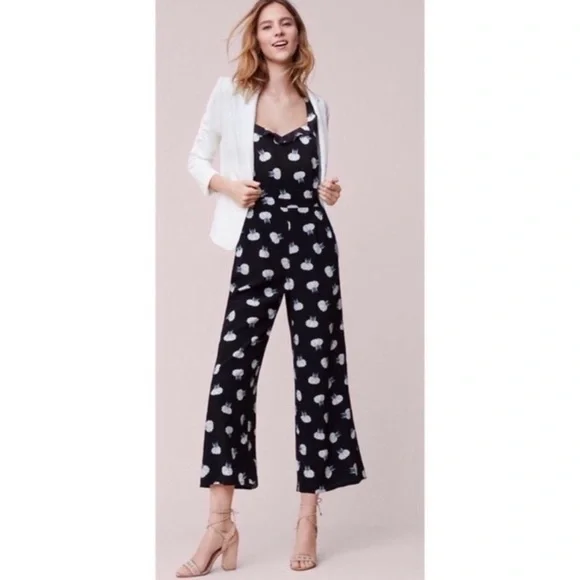 LOFT Lotus Floral Blue Jumpsuit Ruffle Sleeves Wide Leg Pockets Blogger Fav 4 - Picture 2 of 13